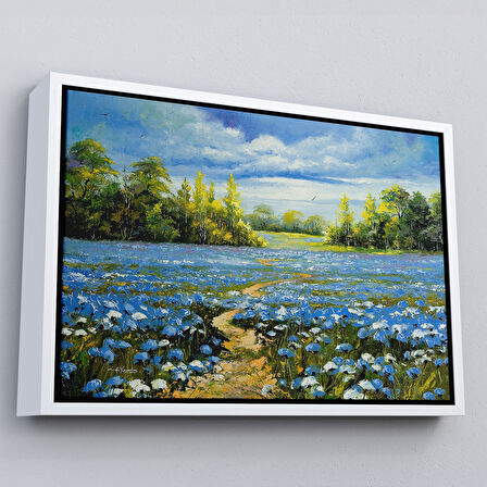 Kahverengi Çerçeveli Mavi Gelincik Tarlası Yağlıboya Görünüm Dekoratif Kanvas Duvar Tablosu