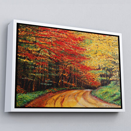 Siyah Çerçeveli Orman Yolu Yağlıboya Görünüm Dekoratif Kanvas Duvar Tablosu