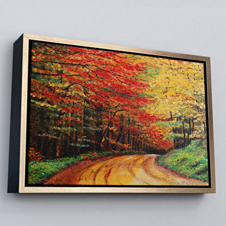 Siyah Çerçeveli Orman Yolu Yağlıboya Görünüm Dekoratif Kanvas Duvar Tablosu