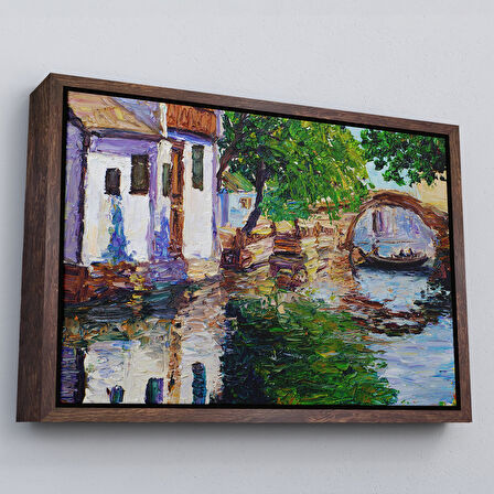 Beyaz Çerçeveli Yağlıboya Kanal Manzarası Dekoratif Kanvas Duvar Tablosu