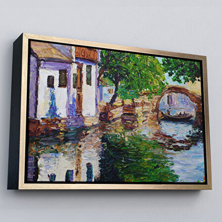 Beyaz Çerçeveli Yağlıboya Kanal Manzarası Dekoratif Kanvas Duvar Tablosu