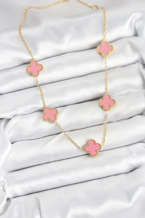 316L Çelik Zincir Gold Pembe Renk Yonca Kadın Kolye 5886