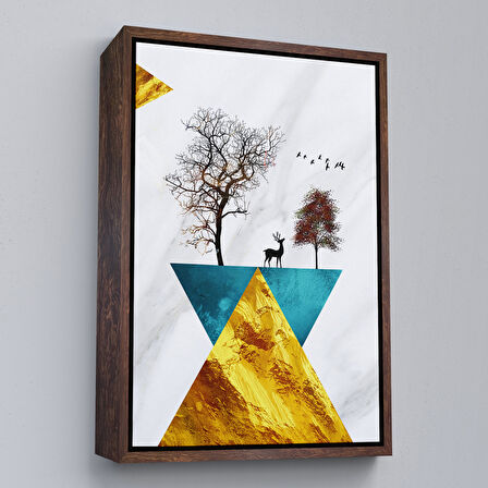 Kahverengi Çerçeveli Modern Tasarım Altın Geyikler Tablosu