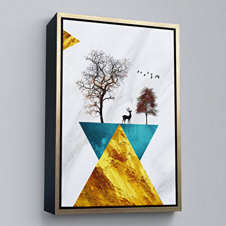 Kahverengi Çerçeveli Modern Tasarım Altın Geyikler Tablosu