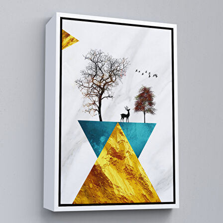 Kahverengi Çerçeveli Modern Tasarım Altın Geyikler Tablosu