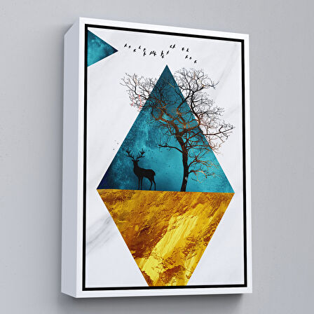 Kahverengi Çerçeveli Modern Tasarım Altın Geyikler Tablosu