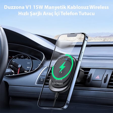 Duzzona V1 15W Manyetik Kablosuz Wireless Hızlı Şarjlı Araç İçi Telefon Tutucu-(5775) — Renk: Siyah