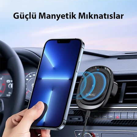 Duzzona V1 15W Manyetik Kablosuz Wireless Hızlı Şarjlı Araç İçi Telefon Tutucu-(5775) — Renk: Siyah