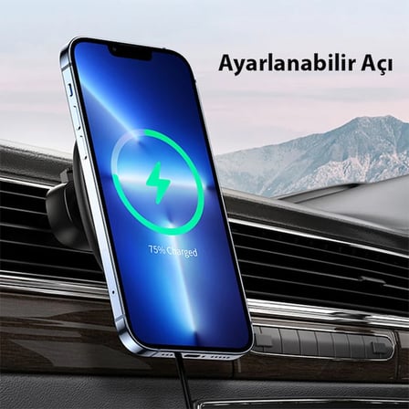 Duzzona V1 15W Manyetik Kablosuz Wireless Hızlı Şarjlı Araç İçi Telefon Tutucu-(5775) — Renk: Siyah