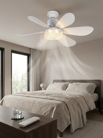 Crystal Aura 52 cm Ultra Sessiz LED Tavan Vantilatörü | 3 Kademeli Bakır Motor | Kumandalı Kristal Avize Vantilatör