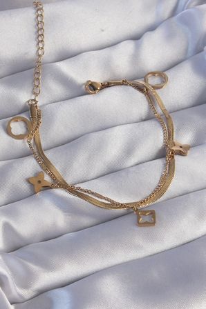 316L Çelik Gold Renk Çift Zincir Yonca Tasarım Bileklik 5886