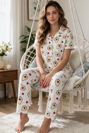 Avokado Desenli Kısa Kollu Gömlek Yaka Milan Kumaş Kadın Pijama Takımı — Beden: L