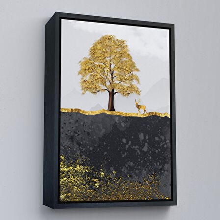 Kahverengi Çerçeveli Modern Tasarım Altın Geyik Tablosu