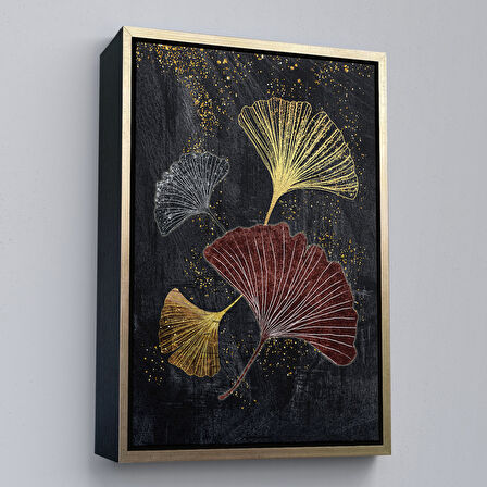 Siyah Çerçeveli Modern Tasarım Altın Yapraklar Tablosu