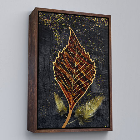 Kahverengi Çerçeveli Modern Tasarım Altın Yapraklar Tablosu