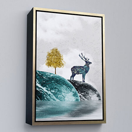 Kahverengi Çerçeveli Modern Tasarım Altın Geyik Tablosu