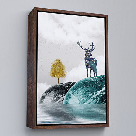Kahverengi Çerçeveli Modern Tasarım Altın Geyik Tablosu