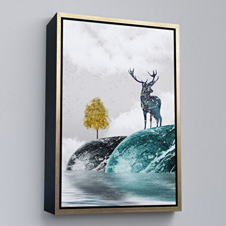 Kahverengi Çerçeveli Modern Tasarım Altın Geyik Tablosu