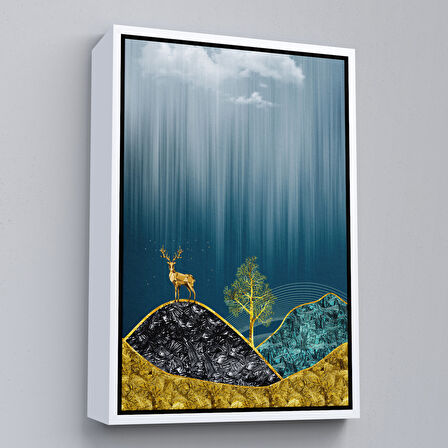 Beyaz Çerçeveli Modern Tasarım Altın Geyik Tablosu