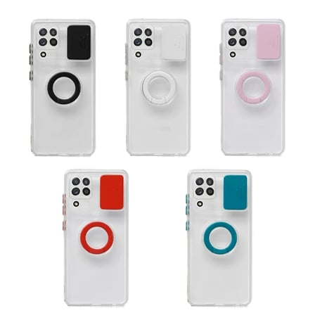 SM Galaxy A12 - M12 - F12 Kılıf Sürgülü Kamera Lens Korumalı Yüzük Standlı Silikon Kılıf-(5775)