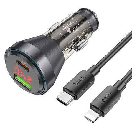 HOCO NZ12B Unimpeded PD48W USB + Type-C Araç Çakmaklı Hızlı Şarj Aleti + Type-C to iPhone Kablo-(5775)
