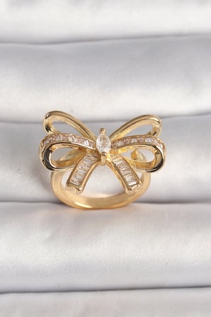 Pirinç Gold Renk Ayarlanabilir Zirkon Taşlı Kurdele Model Kadın Yüzük 5886