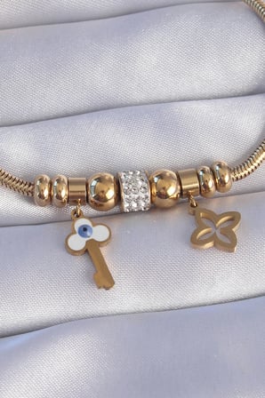 316L Çelik Gold Renk Zirkon Taşlı Yonca Detay Nazarlı Anahtar Tasarımlı Bileklik 5886