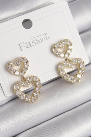 Pirinç Gold Renk Zirkon Taşlı Sallantı Kalp Model Kadın Küpe 5886