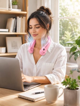 Pembe Taşınabilir Boyun Fanı Ergonomik Tasarım Çok Kademeli Hava Akışı