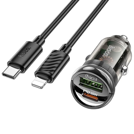 HOCO Z53A Vision PD30W Type-C + USB QC3.0 Girişli Araç Çakmaklık Hızlı Şarj Aleti + Type-C to iPhone-(5775)
