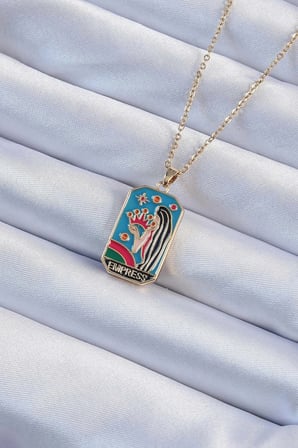 316L Çelik Zincir Altın Renk Taç ve Kız Figürlü Renkli Mineli Tarot Kolye 5886