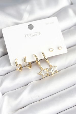 Pirinç Gold Renk Yıldız Model 925 Gümüş Çivili Kadın Küpe Seti 5886
