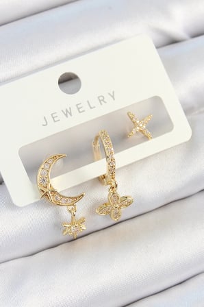 Pirinç Zirkon Taşlı Çiçek Ve Ay Model Gold Renk 3'lü Çift Kadın Küpe Set 5886