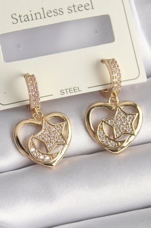 Pirinç Gold Renk Zirkon Taşlı Kalp Model Ay Yıldız İşleme Kadın Küpe 5886