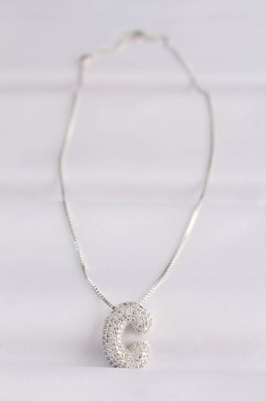 316L Çelik Zincirli Zirkon Taşlı C Harfli Silver Renk Bubble Kolye 5886