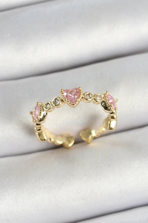 Pirinç Sıralı Kalp Figürlü Zirkon Taşlı Gold Renk Ayarlanabilir Kadın Yüzük 5886