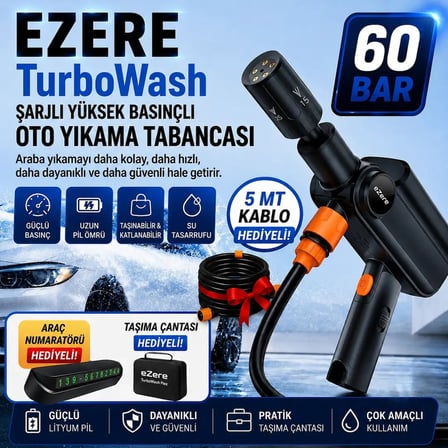 EZERE TurboWash Şarjlı 60 Bar Yüksek Basınçlı Oto Araba Bahçe Yıkama ve Temizleme Tabancası Makinesi-(5775)