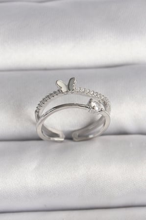 Pirinç Gümüş Renk Zirkon Taşlı Kelebek Figürlü Ayarlanabilir Yüzük 5886