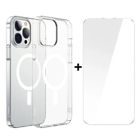 Baseus Crystal iPhone 13 Pro Max 6.7 Magsafe Silikon Kılıf + Tempered Ekran Koruyucu Set-(5775)