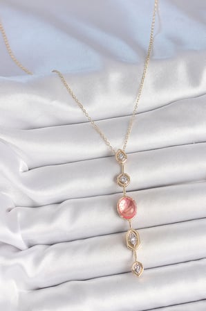 Pirinç Zincir Pembe Gold Renk Zirkon Taşlı Y Kolye 5886