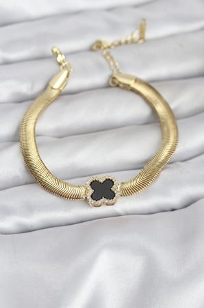 316L Çelik Gold Renk Siyah Yonca Model Zirkon Taşlı Yılan Zincirli Kadın Bileklik 5886
