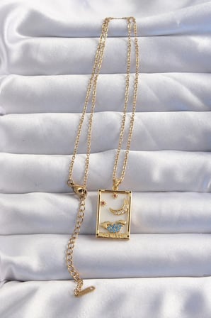316L Çelik Zincir Gold Renk Ay Detay Mavi Zirkon Taşlı Tarot Kolye 5886
