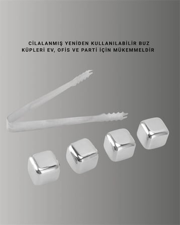 Yeniden Kullanılabilir 304 Çelik Metal Buz Küpleri 4'lü Set