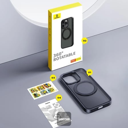 Baseus iPhone 15 Plus SkyRing Serisi Standlı Magsafe Manyetik Kılıf + Tempered Ekran Koruyucu Set-(5775)