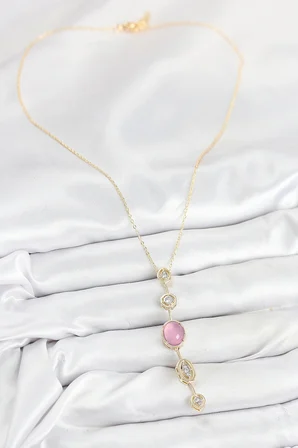 Pirinç Zincir Pembe Gold Renk Zirkon Taşlı Y Kolye 5886