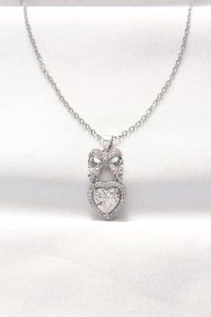 316L Çelik Silver Renk Zirkon Taşlı Kalpli Fiyonk Kolye 5886