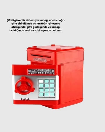 Şifreli Kırmızı ATM Tasarımlı Çelik Kasa Görünümlü Kumbara