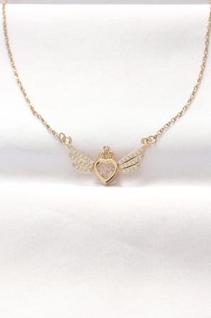 316L Çelik Gold Renk Zirkon Taşlı Kalpli Kanat Kolye 5886