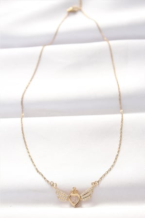316L Çelik Gold Renk Zirkon Taşlı Kalpli Kanat Kolye 5886