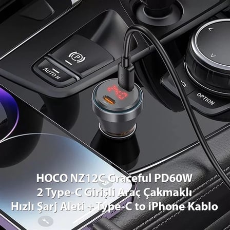 HOCO NZ12C Graceful PD60W 2 Type-C Girişli Araç Çakmaklı Hızlı Şarj Aleti + Type-C to iPhone Kablo-(5775)